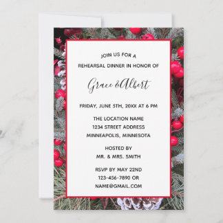 Invitación Pinecones Evergreens Red Berries Ensayo Cena