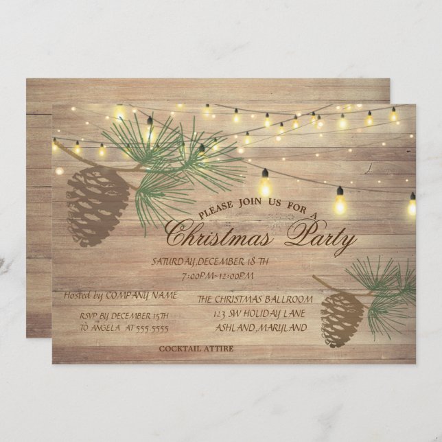 Invitación Pinecones, Madera, Navidades de String Lights Corp (Anverso / Reverso)