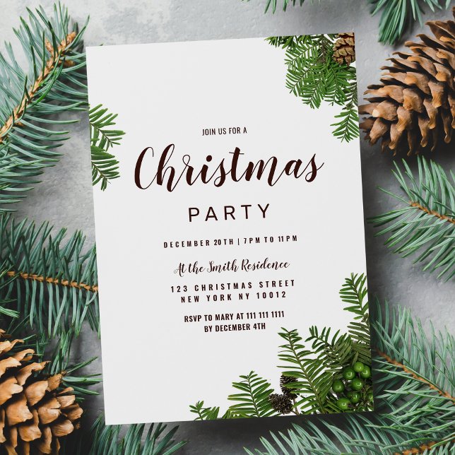 Invitación Pinecones marrones verdes forestales dejan Navidad (Forest green brown pinecones leaves Christmas )