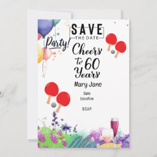 Invitación Ping pong 60 cumpleaños con pádel y flor