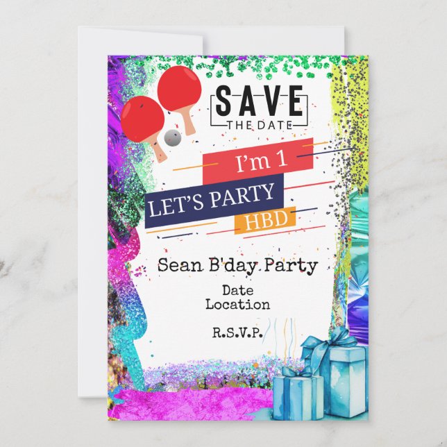 Invitación Ping Pong Primer fiesta de cumpleaños Save date (Anverso)