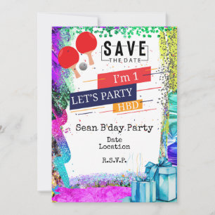 Invitación Ping Pong Primer fiesta de cumpleaños Save date