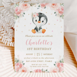 Invitación Pingüino Adorable Chica Floral Primer cumpleaños 