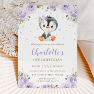 Invitación Pingüino Adorable Chica Purple Floral Primer Cumpl