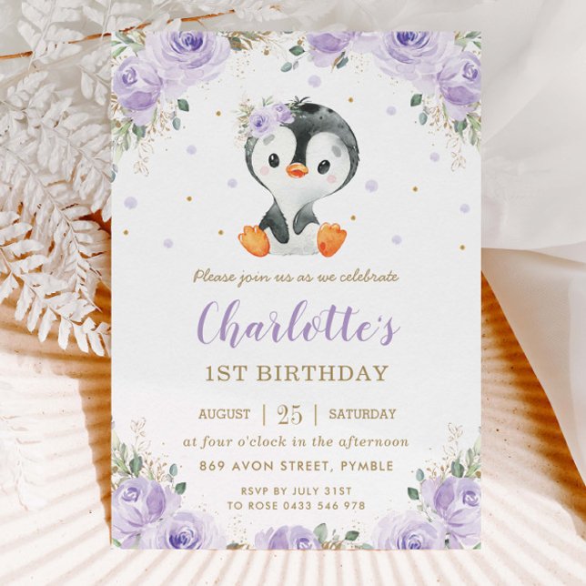 Invitación Pingüino Adorable Chica Purple Floral Primer Cumpl (Subido por el creador)