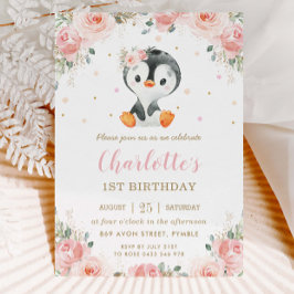 Invitación Pingüino Adorable Rubor Chica Floral Primer cumple