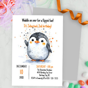 Invitación Pingüino Adorable y Naranja festivo Brown Confetti