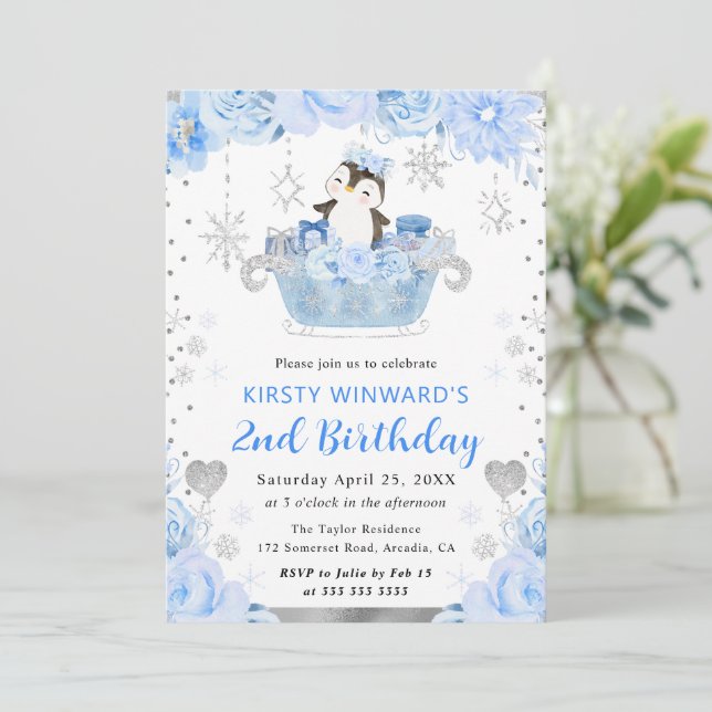 Invitación Pinguino Ártico Acuarela Floral Cumpleaños 2 (Anverso de pie)