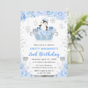 Invitación Pinguino Ártico Acuarela Floral Cumpleaños 2