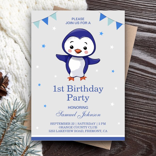 Invitación Pingüino Azul Cute Primer Fiesta de Cumpleaños (Subido por el creador)