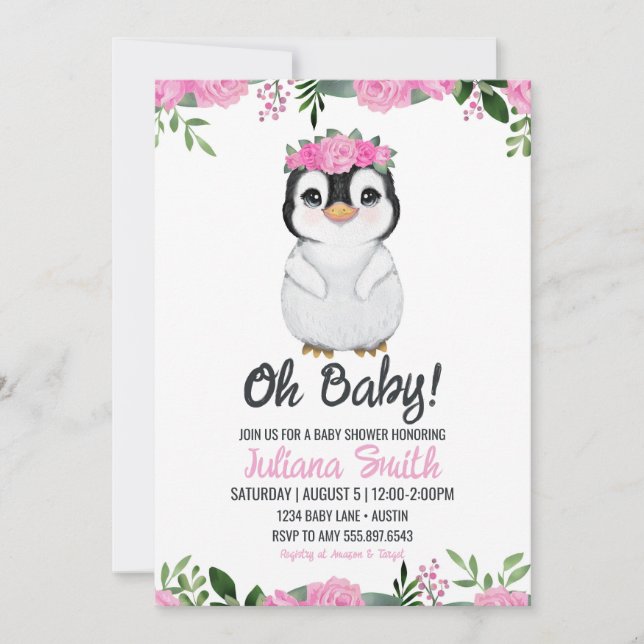 Invitación Pingüino Baby Shower Floral Pink Black (Anverso)