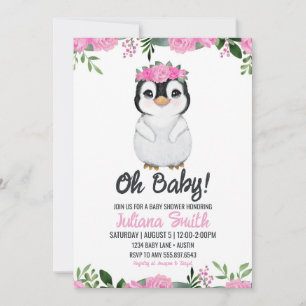 Invitación Pingüino Baby Shower Floral Pink Black