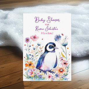 Invitación Pingüino bebé en Baby Shower, Chica de flores