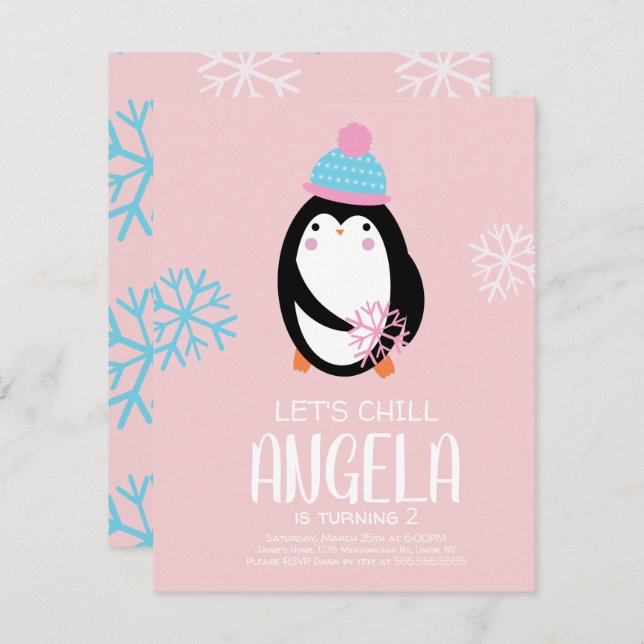 Invitación Pingüino con copas de nieve Cumpleaños (Anverso / Reverso)