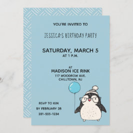 Invitación Pingüino con un globo de fiesta de cumpleaños pers