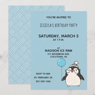 Invitación Pingüino con un globo de fiesta de cumpleaños pers