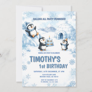 Invitación Pingüino Copo de Nieve de Invierno Primer Cumpleañ