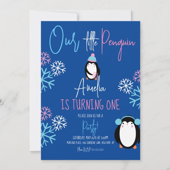 Invitación Pingüino copos de nieve Azul rosado Fiesta de cump (Anverso)