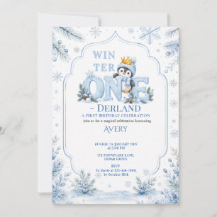 Invitación Pinguino Coronado Cumpleaños Invernal ONEderland P