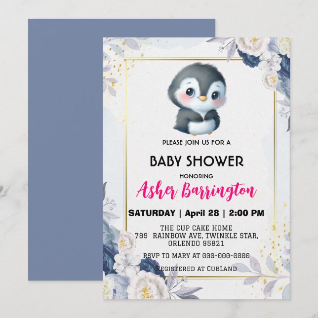 Invitación Pingüino Cute de oro Flor azul bebé ducha niños (Anverso / Reverso)