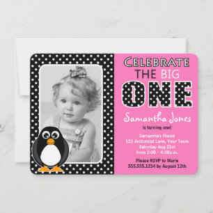 Invitación Pingüino Cute Primer Partido de Cumpleaños Rosa