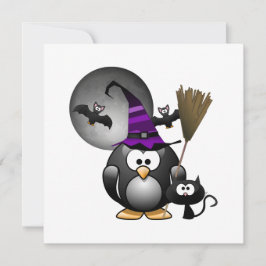 Invitación Pingüino de brujería con escena de Halloween
