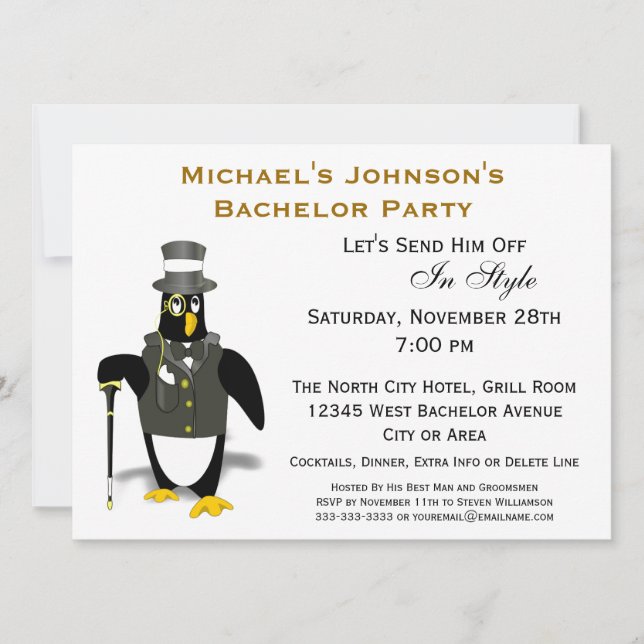 Invitación Pingüino de Esmoquin Formal con Estilo Fiesta de S (Anverso)