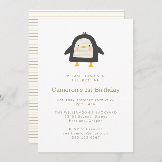 Invitación Pingüino de Invierno Cuto Simple Primer Cumpleaños (Anverso / Reverso)