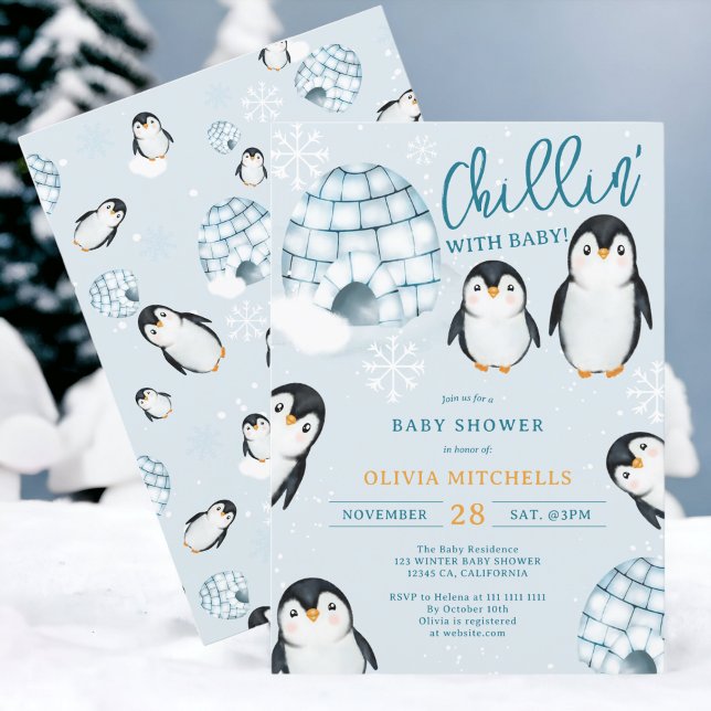 Invitación Pingüino de invierno suave iglús de nieve ducha be (Cute winter penguin igloos winter baby shower invitation)