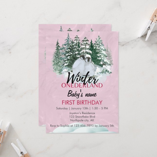 Invitación Pingüino de primer cumpleaños de Onederland (Anverso/Reverso In Situ)