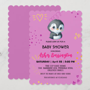 Invitación Pingüino dulce morado Pingüino lindo