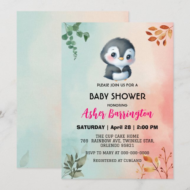 Invitación Pingüino dulce Primavera flor bebé ducha niños (Anverso / Reverso)