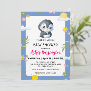 Invitación Pingüino dulce sol cielo flor bebé ducha niños