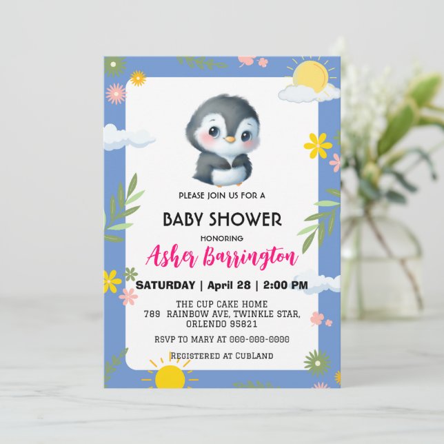Invitación Pingüino dulce sol cielo flor bebé ducha niños (Anverso de pie)