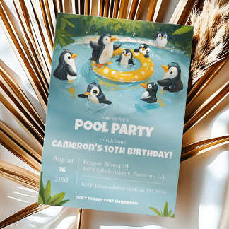 Invitación Pingüino Fiesta de Piscina, cumpleaños de los niño