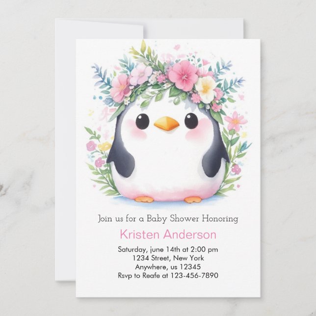 Invitación Pingüino Floral Rosa Joyful Whimsy Baby Shower (Anverso)