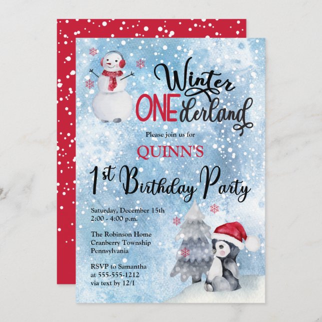 Invitación Pingüino | Hombre de nieve Invierno ONEderland 1er (Anverso / Reverso)
