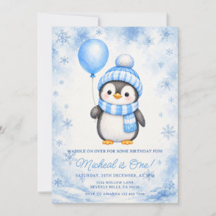 Invitación Pingüino Invierno Azul Copo de Nieve 1er Cumpleaño