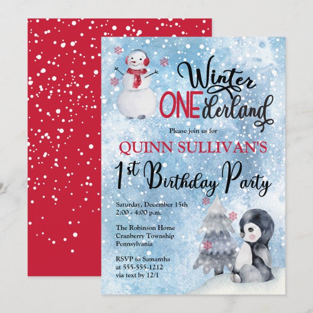 Invitación Pingüino | Invierno de Nieve Onederland Primer cum (Anverso / Reverso)