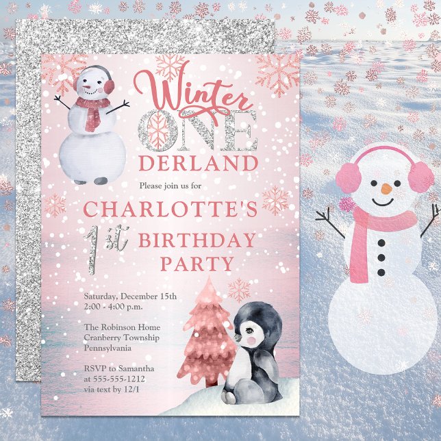 Invitación Pingüino | Invierno de Nieve Onederland Primer cum (Pink Winter "One"derland Onederland Wonderland Girl's 1st Birthday Party Invitation -Print | Digital)