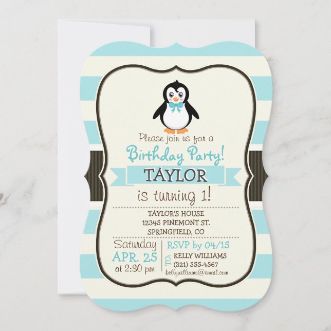 Invitación Pingüino lindo con Bowtie turquesa (Anverso)