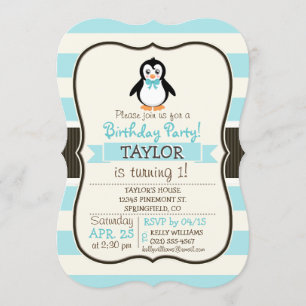 Invitación Pingüino lindo con Bowtie turquesa
