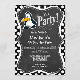 Invitación Pingüino lindo con puntos de polka blanco y negro
