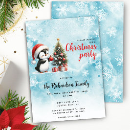 Invitación Pingüino lindo en Navidades azules de Santa Hat