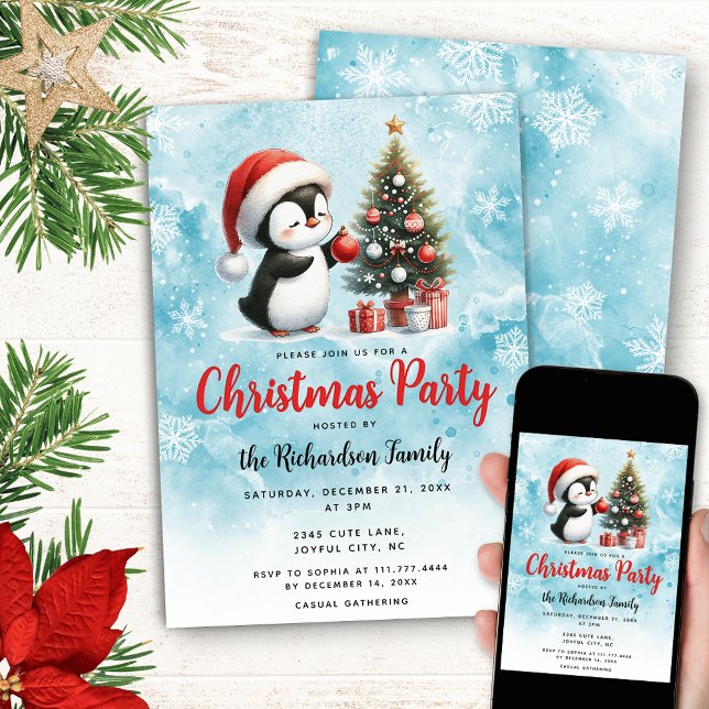 Invitación Pingüino lindo en Navidades de Santa Hat Blue Fest (Subido por el creador)