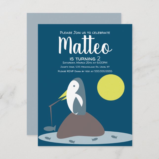Invitación Pingüino moderno Pescador Océano Náutico Cumpleaño (Anverso / Reverso)