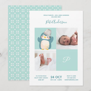 Invitación Pingüino • Monograma alfabeto Cute Baby Shower