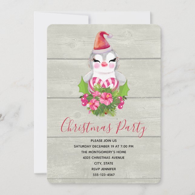 Invitación Pingüino Navidad lindo en Fiesta de Santa Hat (Anverso)