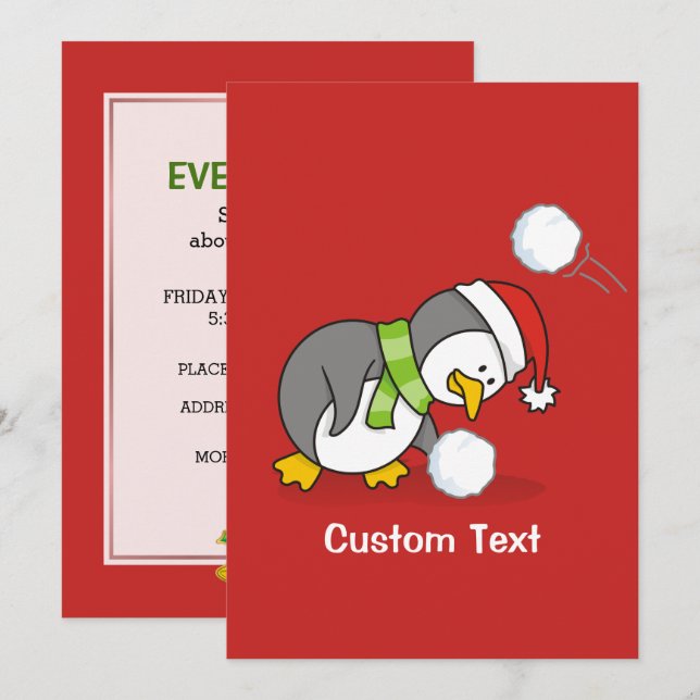 Invitación Pingüino navidad recibiendo bola de nieve (Anverso / Reverso)