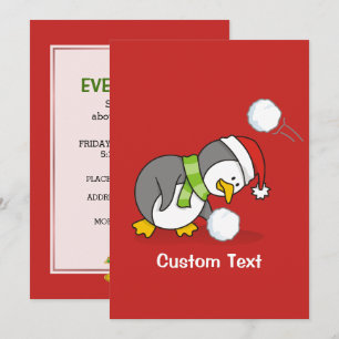 Invitación Pingüino navidad recibiendo bola de nieve